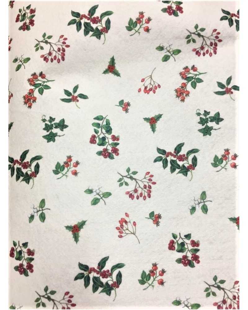 Tela Lenci navideña de 50 cm estampada sobre fondo blanco con tréboles, bayas, etc. 90 centímetros de alto
