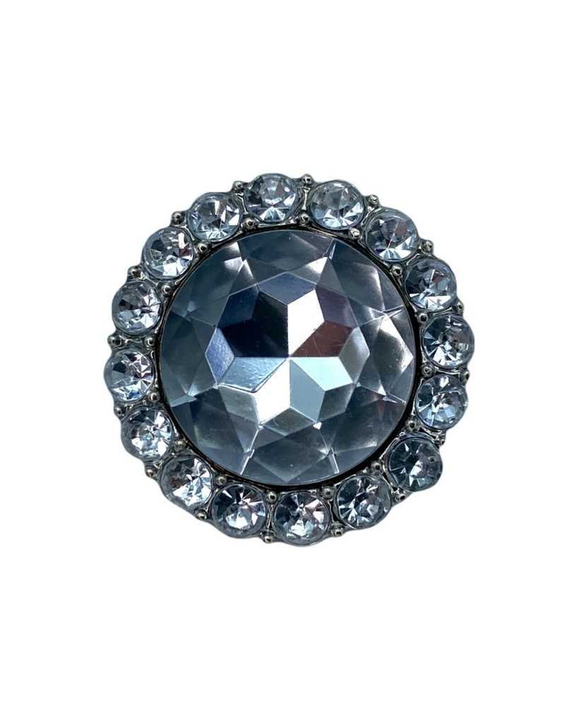Gewölbter Juwelenknopf aus glänzendem Kunstharz, Krone, Strass, zentraler silberner Schaft, 25 mm