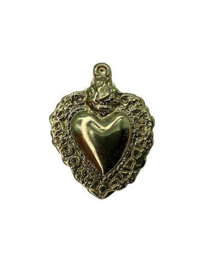 Médaillon Coeur Ex Voto Flamme Métal Brillant Anneau Accessoire De Mode Sac 3x4 Cm