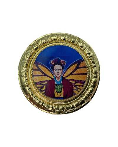 Bolsa Accesorio De Moda Medalla Redonda Oro Frida Alas Mariposa Grande 65 Mm