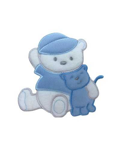 Aplicación Parche Terciopelo Bordado Termoadhesivo Marbet Bebé Nacimiento Oso Sombrero Gato Base Blanco 95x90 Mm