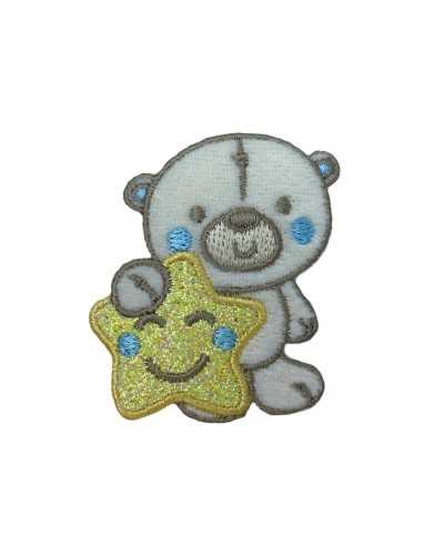 Aplicación de oso de peluche con estrella de purpurina amarilla y mejillas bordadas en azul claro 48x50 mm