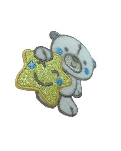 Teddy bear application with yellow glitter star and light blue embroidered cheeks 48x50 mm