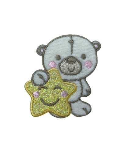 Applikation Teddybär Stern Gelb Glitzer Wangen Stickerei Rosa 48x50 Mm