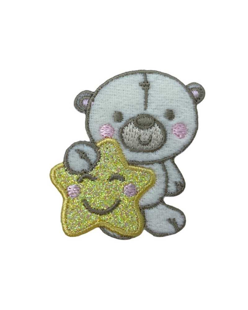 Application Teddy Bear Star Yellow Glitter Cheeks Embroidery Pink 48x50 Mm