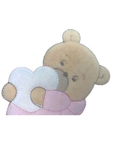 Baby Thermoadhesive Application Embroidery Beige Teddy Bear Embraced Heart 14x9 Cm