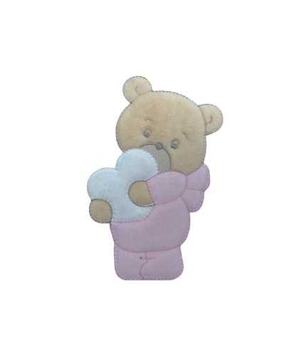 Baby-Thermoklebstoff-Stickerei, beige Teddybär, umarmtes Herz, 14 x 9 cm
