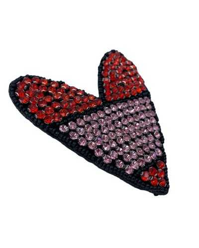 Coeur Application Strass Rouge Rose Perles Noires A Coudre 9x8 Cm