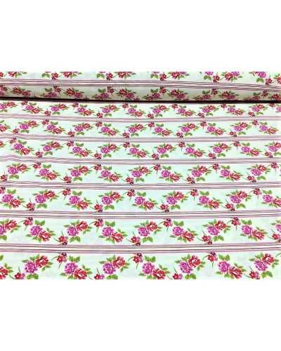 Coordinated printed cotton blend loneta upholstery fabric with little flowers and fuchsia and red stripes on a milky white backg