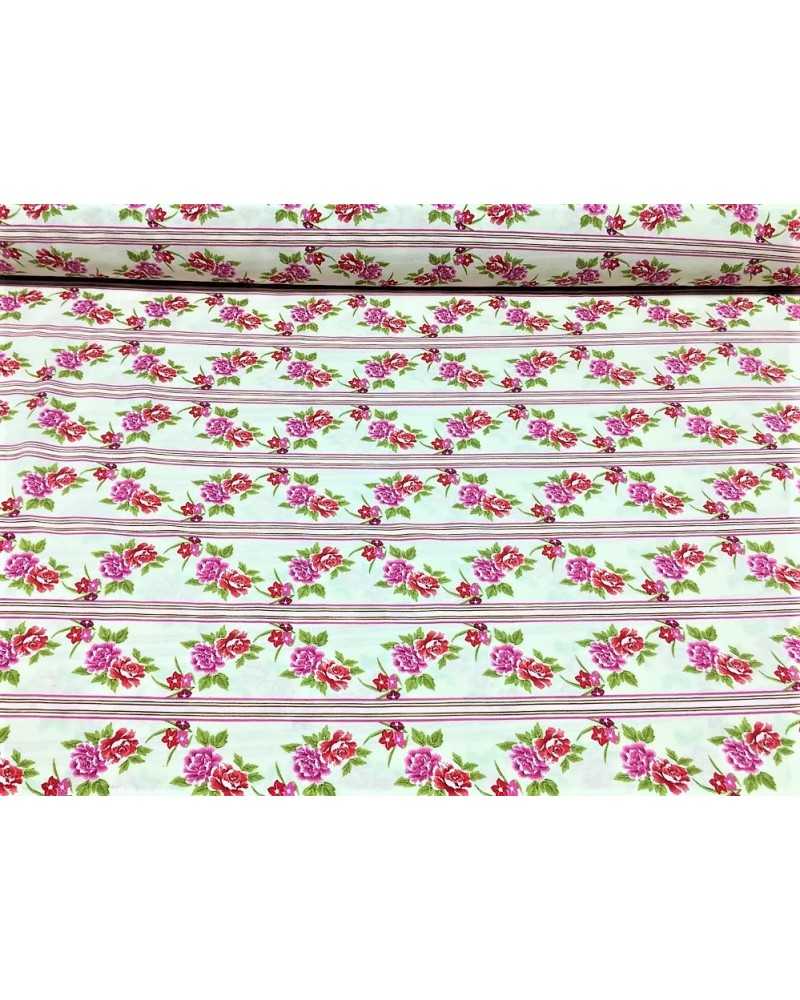 Coordinated printed cotton blend loneta upholstery fabric with little flowers and fuchsia and red stripes on a milky white backg