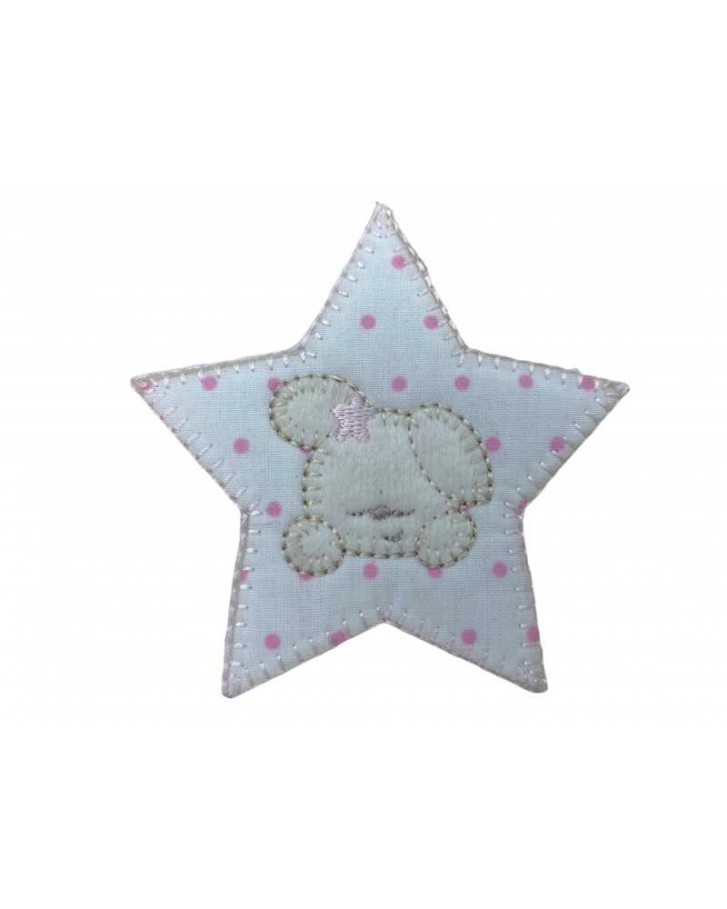 Aufnäher zum Aufbügeln, Stickerei, Stern, Baby, Hund, gepunkteter Stoff, weiße Basis, 7 cm