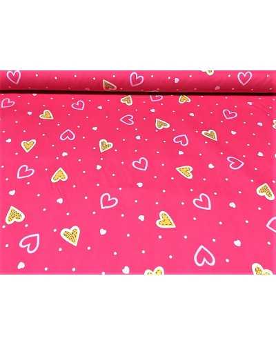 Fabric for upholstery loneta cotton blend sateen printed fuchsia base with hearts 280 cm high gold line