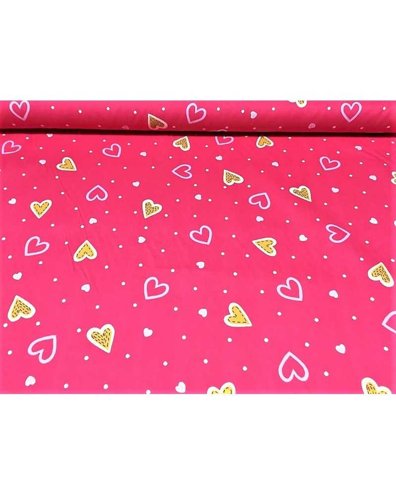 Fabric for upholstery loneta cotton blend sateen printed fuchsia base with hearts 280 cm high gold line