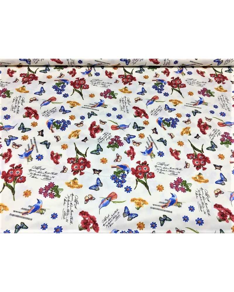 Tessuto per tappezzeria 100% puro cotone drill stampato fiori farfalle e uccelli fondo bianco alto 280 cm