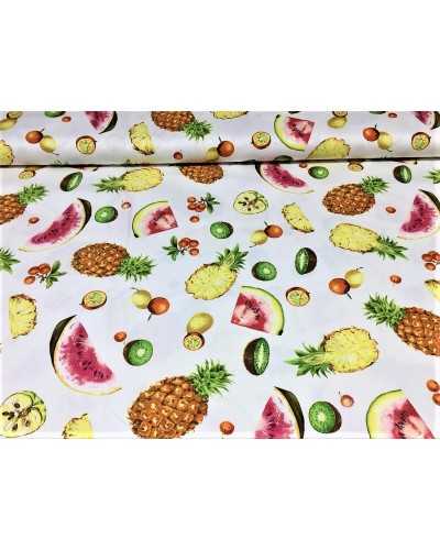 Upholstery fabric 100% pure drill cotton printed on a white background with exotic fruit 280 cm high