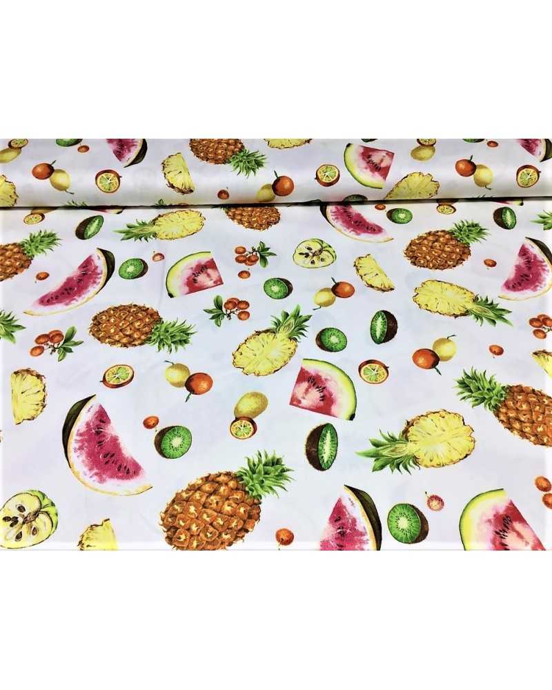 Tela de tapicería 100% puro algodón dril estampada sobre fondo blanco con frutas exóticas de 280 cm de altura
