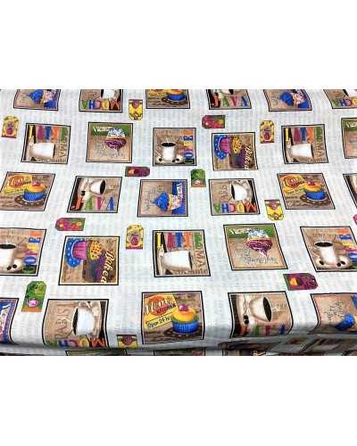 Printed cotton blend loneta upholstery fabric cups of coffee and sweets 280 cm high gold line