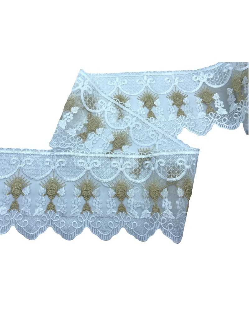 Passementerie Dentelle Sacrée Eglise Tulle Blanc Broderie Or Calice Lurex Blé Haut 14,5 Cm