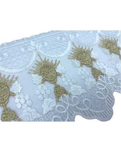 Passementerie Dentelle Sacrée Eglise Tulle Blanc Broderie Or Calice Lurex Blé Haut 14,5 Cm