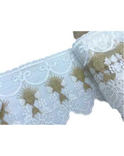 Passamaneria Pizzo Sacro Chiesa Tulle Bianco Ricamo Oro Lurex Calice Spiga Alto 14,5 Cm