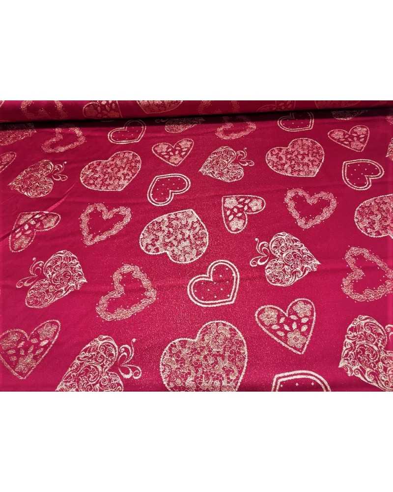 Tessuto natale per arredo casa damasco tinto in filo lurex base rosso e oro con cuori alro 280 cm