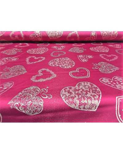 Tessuto natale per arredo casa damasco tinto in filo lurex base rosso e oro con cuori alro 280 cm