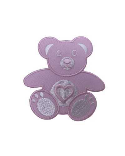 Anwendung Aufnäher zum Aufbügeln, weiße Stickerei, Herz, Bär, hellblauer Stoff, 7 cm hoch