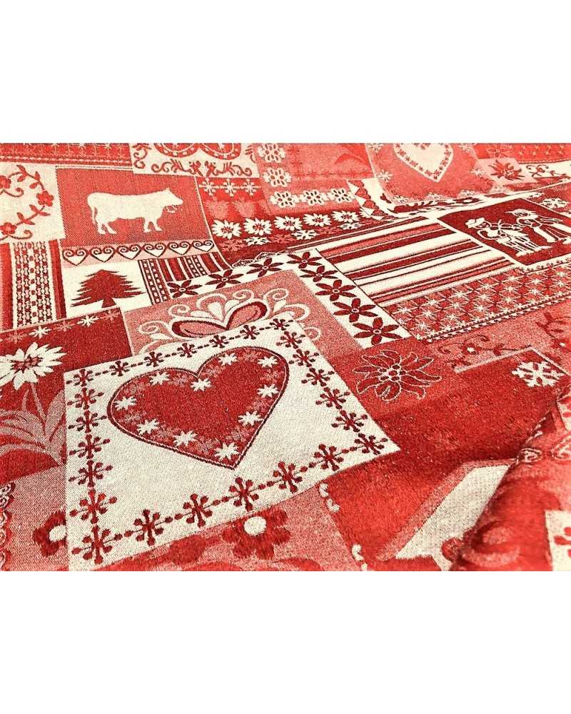 50 cm Tela navideña Damasco en hilo teñido de raso de algodón fondo rojo oscuro con casas patchwork y varios motivos alto 290 cm