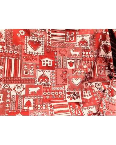 50 cm Damast-Weihnachtsstoff aus garngefärbtem Baumwollsatin mit dunkelrotem Hintergrund mit Patchwork-Häusern und verschiedenen