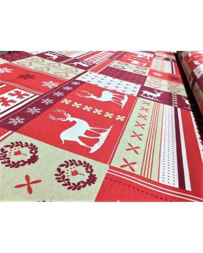 Christmas printed cotton blend loneta upholstery fabric with reindeer red and beige colors high 280 cm gold line