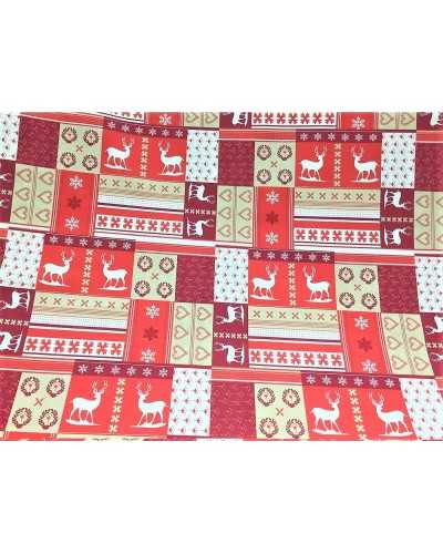 Weihnachtsbedruckter Loneta-Möbelstoff aus Baumwollmischung mit den Farben Rentierrot und Beige, hohe 280-cm-Goldlinie
