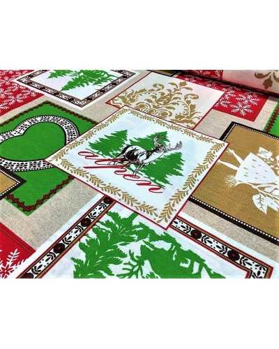 Tela de tapicería loneta mezcla algodón estampado navideño con renos arboles y corazones alto 280cm linea dorada