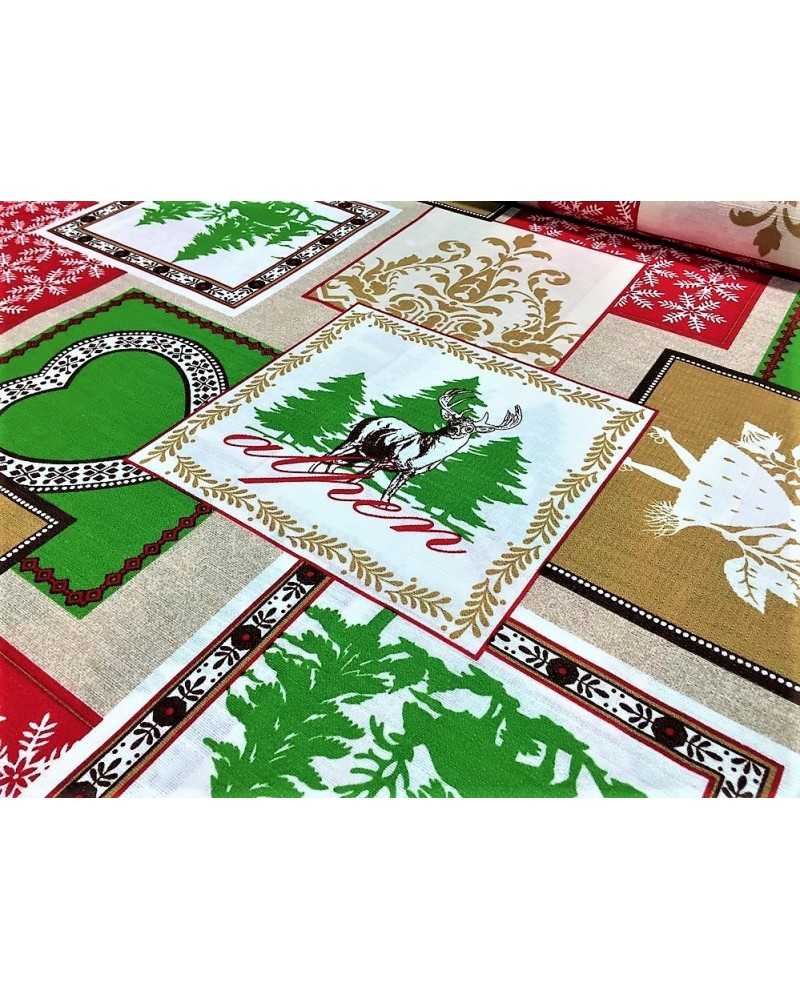 Tessuto per tappezzeria loneta misto cotone stampato natale con renne alberi e cuori  alto 280 cm linea oro
