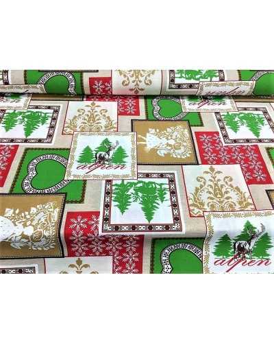 Tessuto per tappezzeria loneta misto cotone stampato natale con renne alberi e cuori  alto 280 cm linea oro