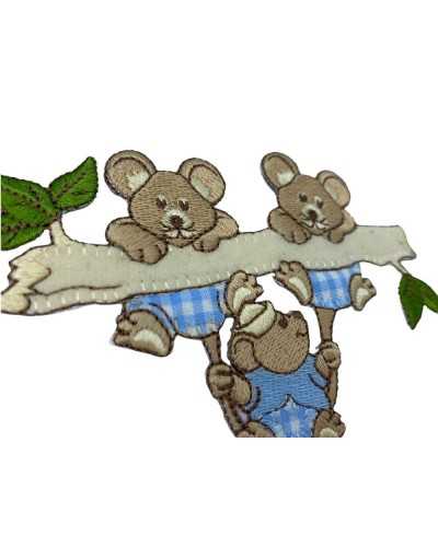 Thermoklebende Applikation Baby-Stickerei Koala Mickey Mouse Zweig Beige Vichy-Stoff 11 x 9 cm