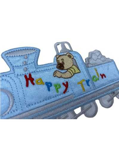 Applicazione Termoadesiva Tessuto Raso Ricamo Baby Trenino Orsetto 12x7 Cm
