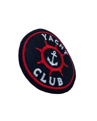 Ancre de gouvernail rouge de club de yacht de broderie écrite blanche d'application bleue ronde 6x6 cm