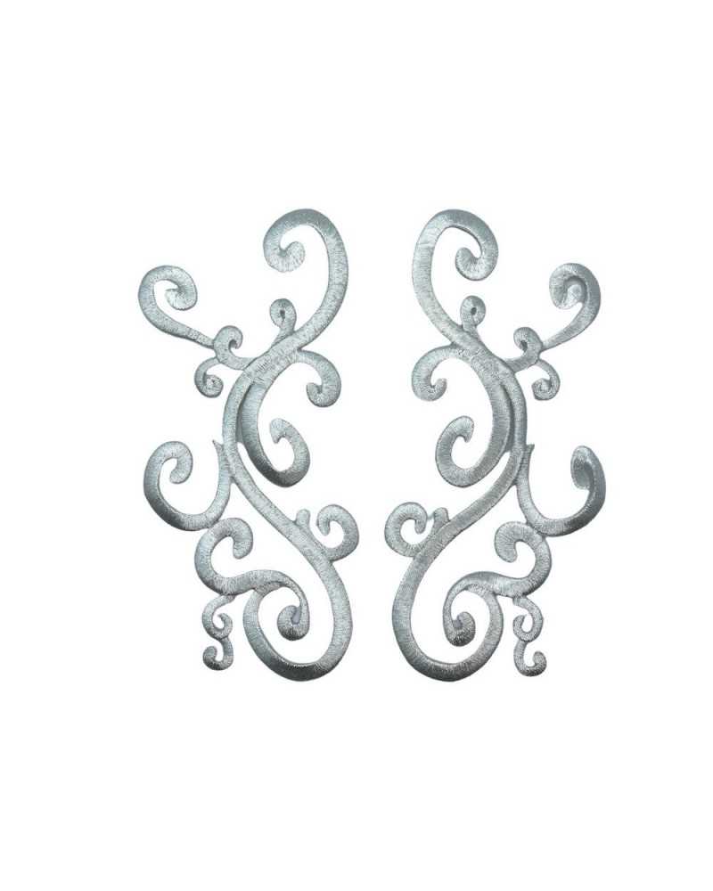 Applicazione Coppia DX SX Termoadesiva Ricamo Ghirigoro Lurex Sacro 19,5x9 Cm