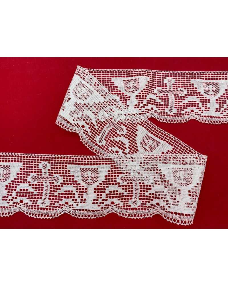 Pasamanería 50 Cm Blanco Puntilla Algodón Puro Filè Festoneado Cáliz Sagrado Cruz 7,5 Cm Alto