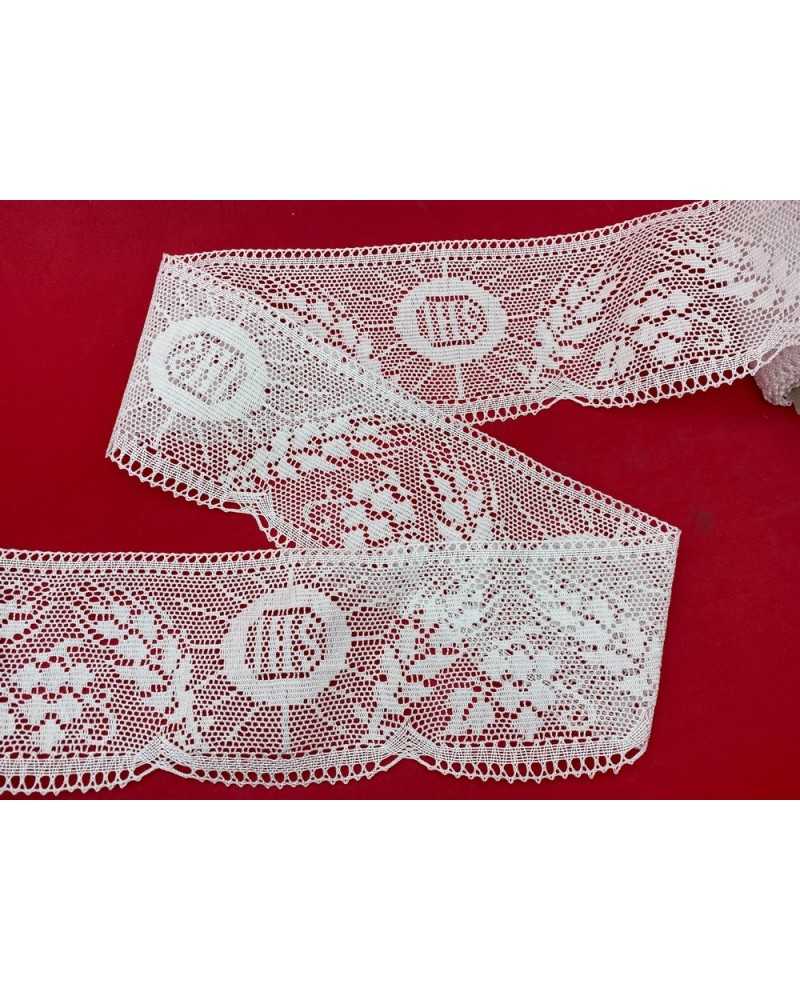 50 Cm Pasamanerías Encaje Blanco Algodón Puro Filè Festoneado Sagrado Escrito IHS Spiga Flor Alto 11 Cm