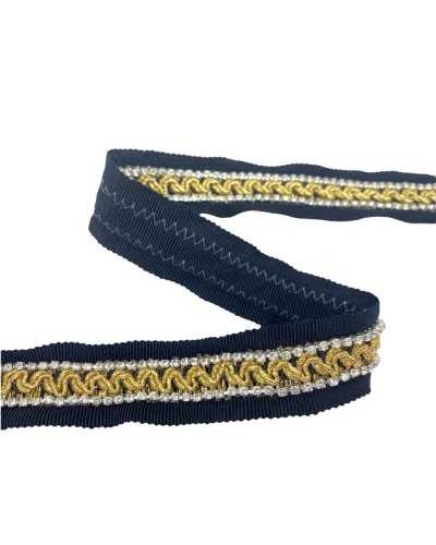 50 Cm Passamaneria Nastro Gros Grain Nero Copripunto Strass Due File Argento Ricamo Oro Lurex Alta 25 Mm