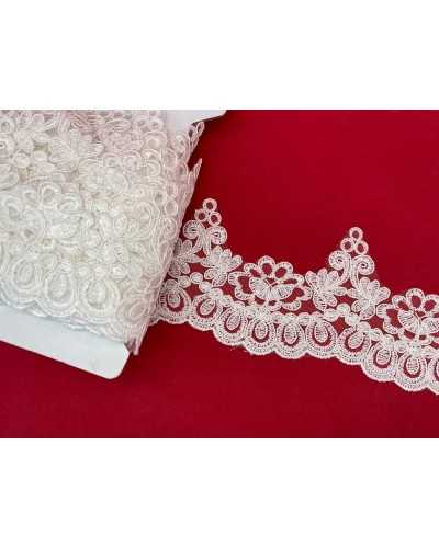 Passementerie Tulle Dentelle Rebrodè Pointe Festonnée Nuptiale Fleur Blanche Lait 8 Cm De Haut