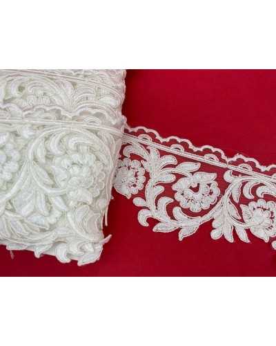 50 Cm Passementerie Dentelle Tulle Rebrodè Blanc Lait Fleur Festonnée 7 Cm De Haut