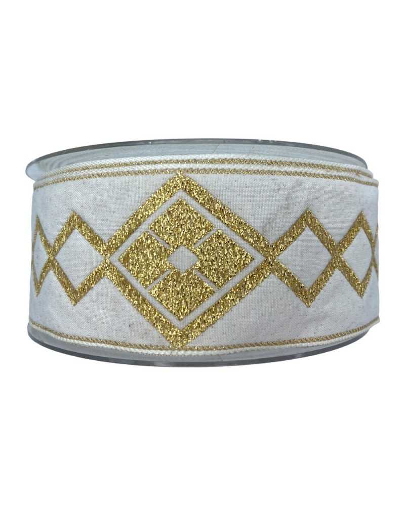 Pasamanería Cinta Galón Sagrado Blanco Bordado Lúrex Dorado 5 Cm De Alto