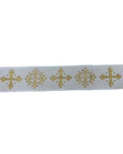 Besätze, weißes heiliges Gallonenband, goldene Lurex-Stickerei, 3 cm hoch