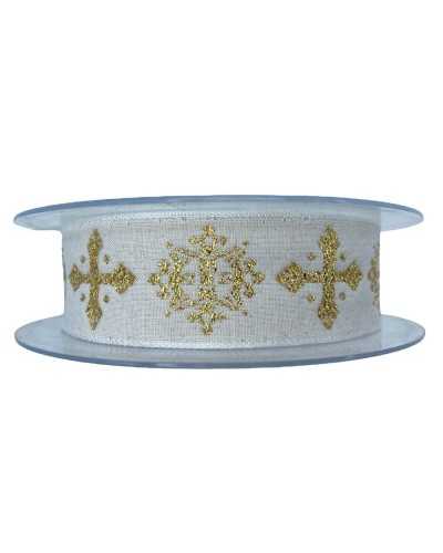 Besätze, weißes heiliges Gallonenband, goldene Lurex-Stickerei, 3 cm hoch