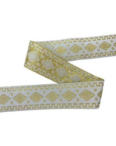 Besätze, weißes heiliges Gallonenband, goldene Lurex-Stickerei, 5 cm hoch