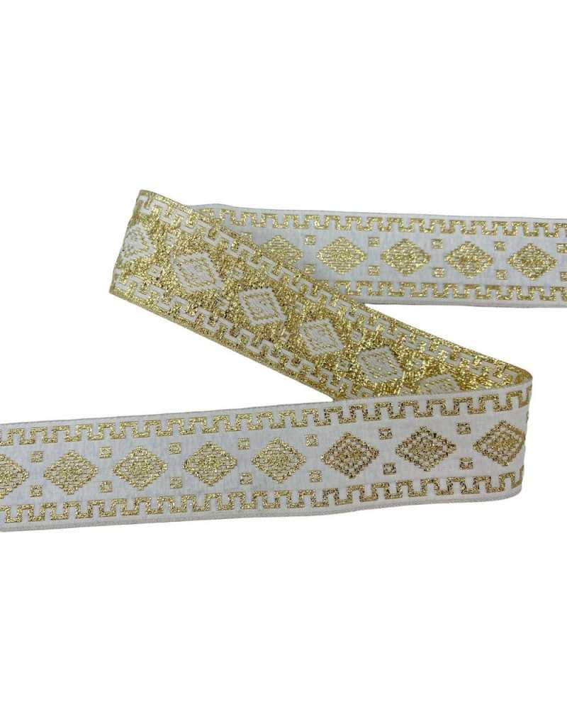 Trimmings White Sacred Galloon Ribbon Gold Lurex Embroidery 3 Cm High