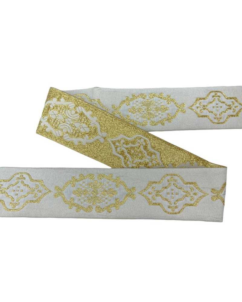 Trimmings White Sacred Galloon Ribbon Gold Lurex Embroidery 3 Cm High
