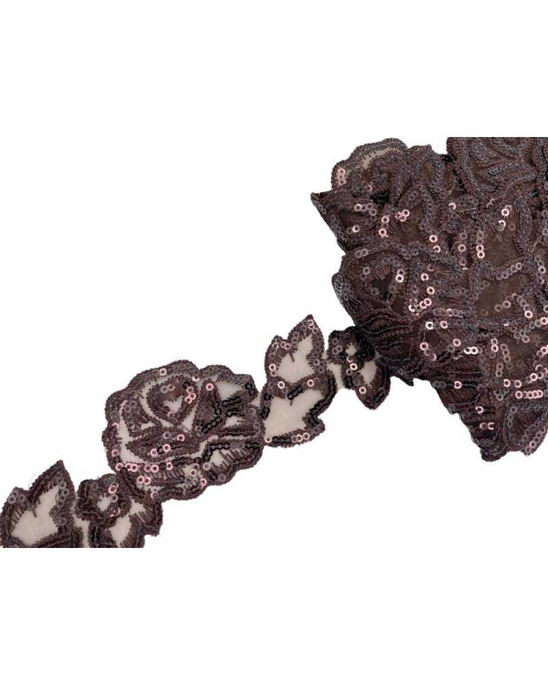 50 cm Passementerie Fleur Rose Bord Découpé Broderie Paillettes Organza Marron 5 Cm De Haut